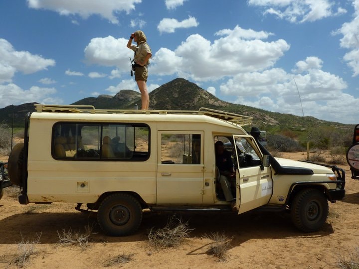 Kirsty standing on top of a safari vehicle scanning the horizon