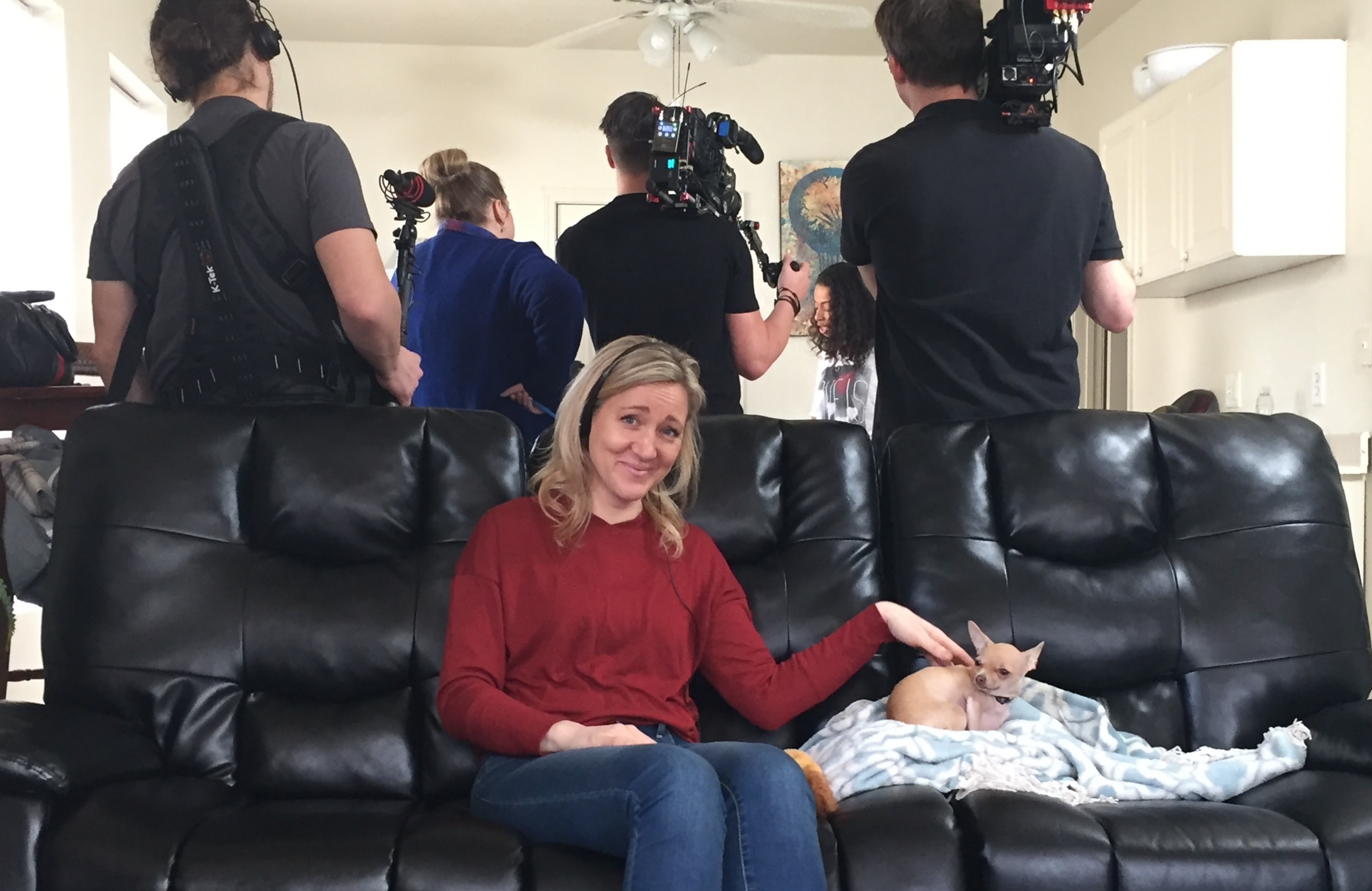 Kirsty on film set with chihuahua